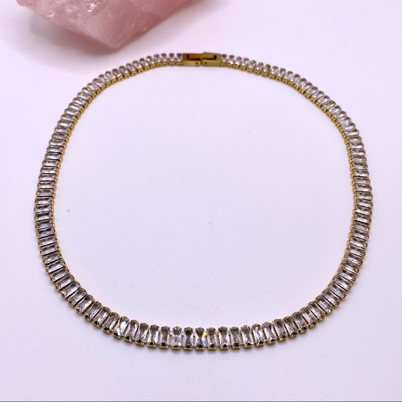 18K Gold Plated Fancy Choker square Cubic Zirconia Tennis Necklace - Picture 8 of 12